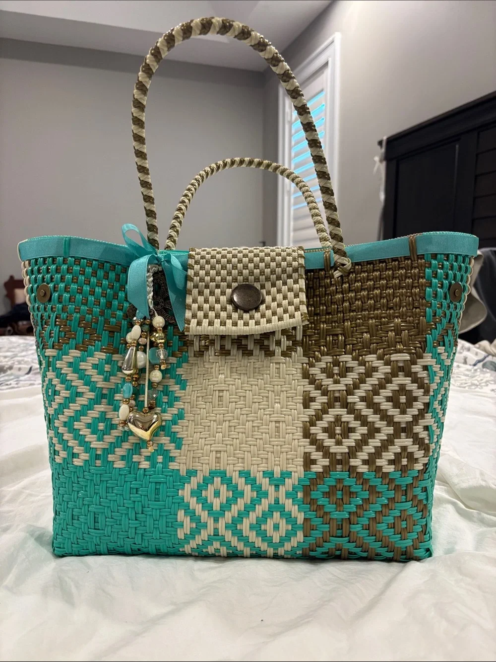 Woven Straw Tote Bag in Turquoise, Cream & Brown - Picture 1 of 6